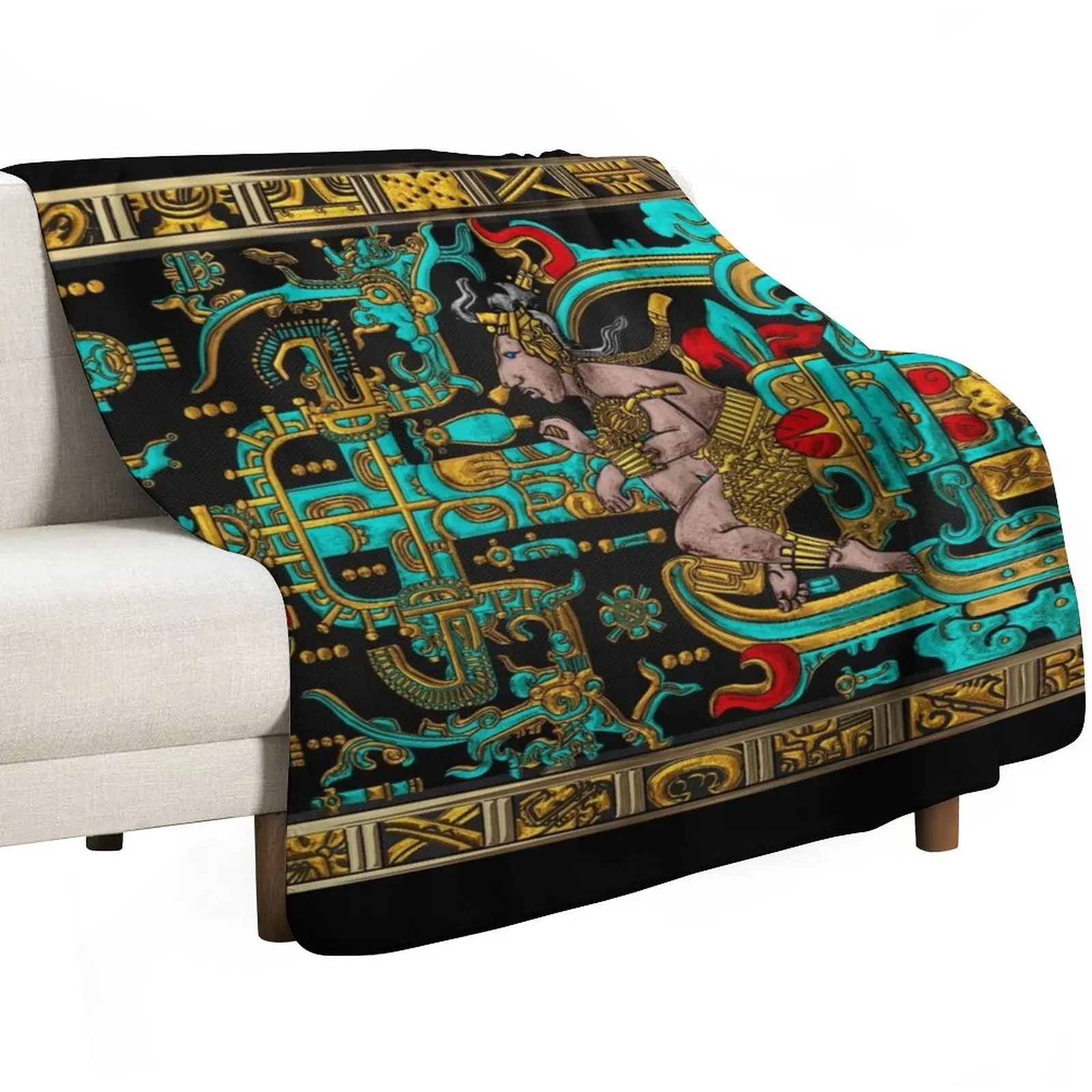 Lid of The Great Tomb of Pakal - Palenque Astronaut over Black No.2 Throw Blanket Flannel Fabric Designers Heavy Blankets