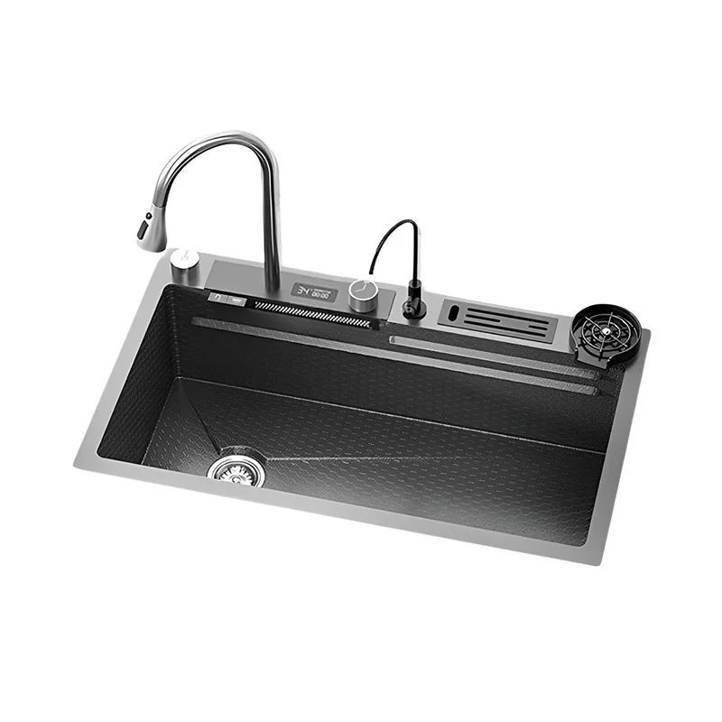 

Kitchen button digital waterfall, stainless steel large single slot handmade basin to wash vegetables