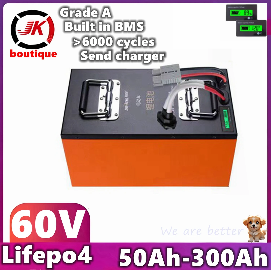 

60V 50Ah 90Ah 100Ah 150Ah 180Ah 200Ah 300Ah Lifepo4 Battery for 3KW 6KW Scooter Tricycle Motorcycle EV,RV，AGV Forklift Go Car