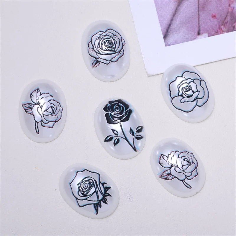 

Free shipping 100pcs/lot cartoon rose flowers print geometry ovals shape abs cabochon beads diy jewelry garment hair accessory