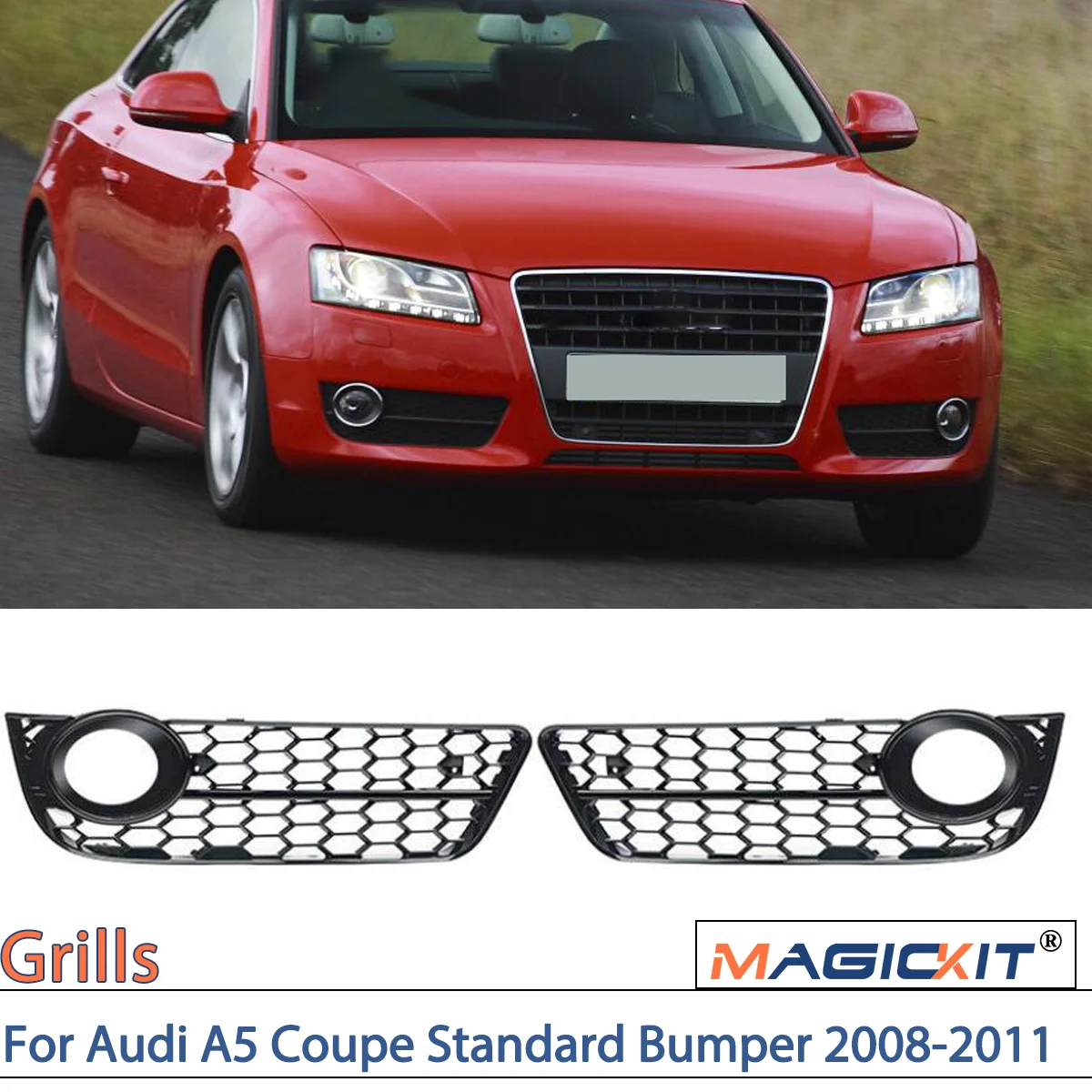 

MAGICKIT For 2008-2011 Audi A5 Standard Bumper Honeycomb Mesh Front Bumper Side Fog Light Lamp Grille Cover Honeycomb Style