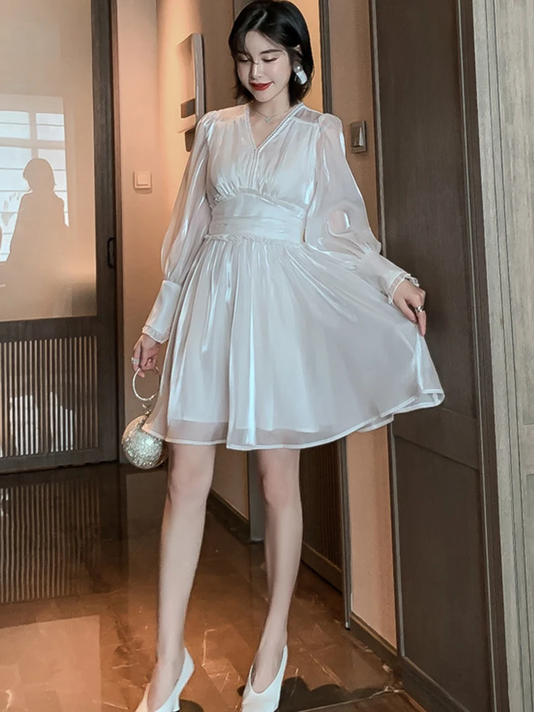 Spring Girly Sexy Kawaii Sweet Dresses for Women 2023 Bright White Black Puff Sleeve Mini Dress Femme Prom Party Fairy Vestidos