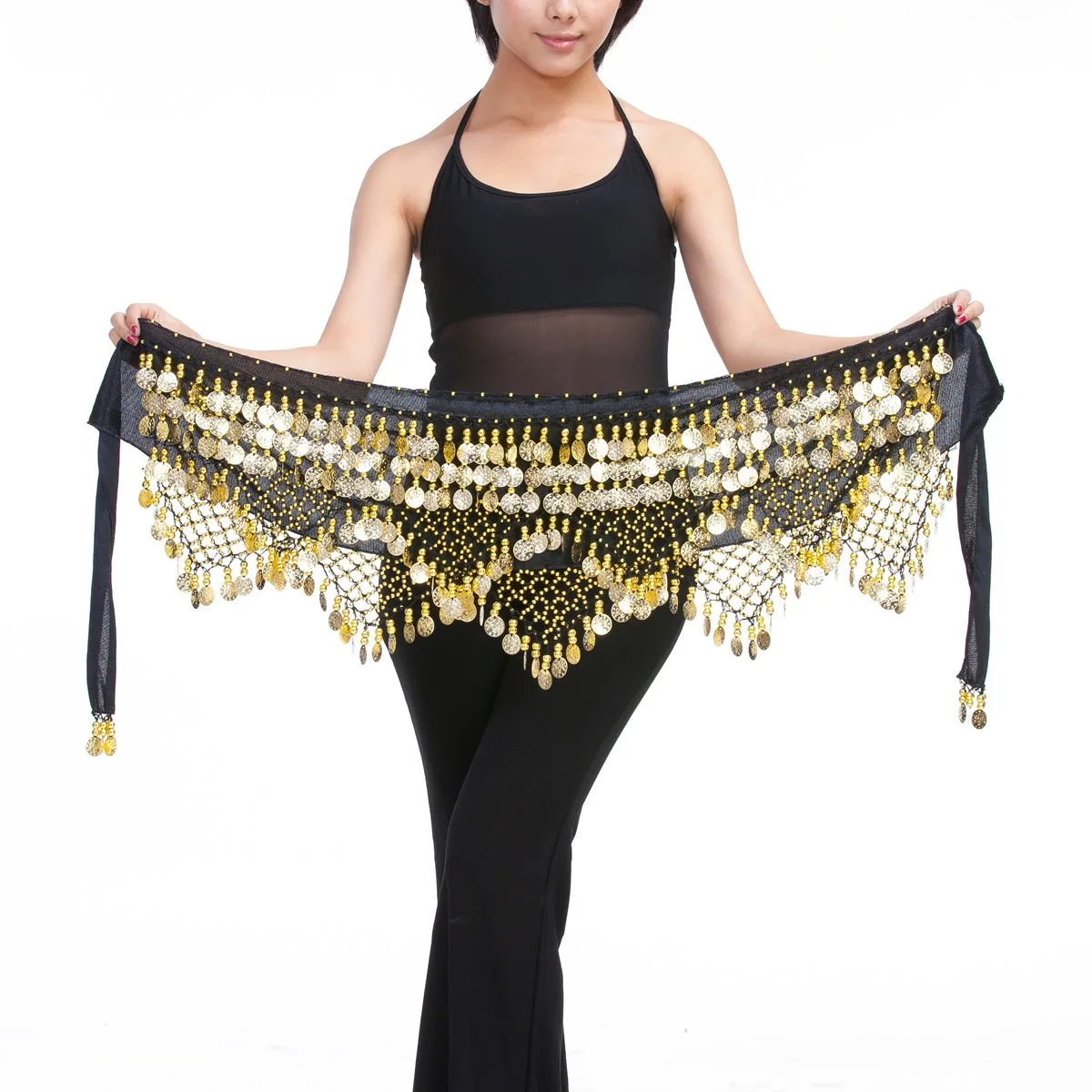 New Women\'s Belly Dance Wave Shape Hip Scarf Golden Coins Wrap Belt Chiffon Belly Dance Skirt Pink Purple Red White Blue Yelow