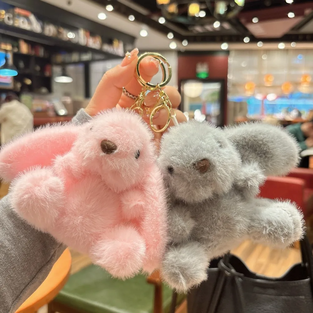 New Fluffy Rabbit Plush Doll Keychain Solid Color Pink Stuffed Toys Bag Pendant Gifts