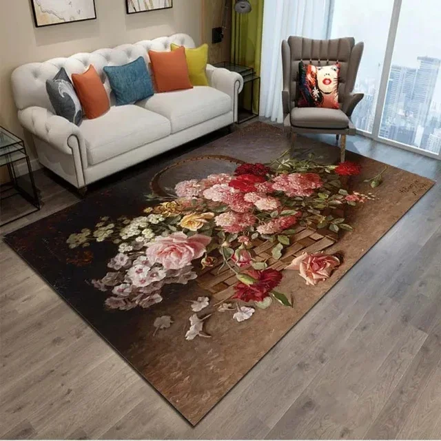 Oil Painting Flower Carpet Rug for Living Room Sofa Rug Bedroom Home Doormat Decor Kids Play Area Rug Non-slip Floor Mat