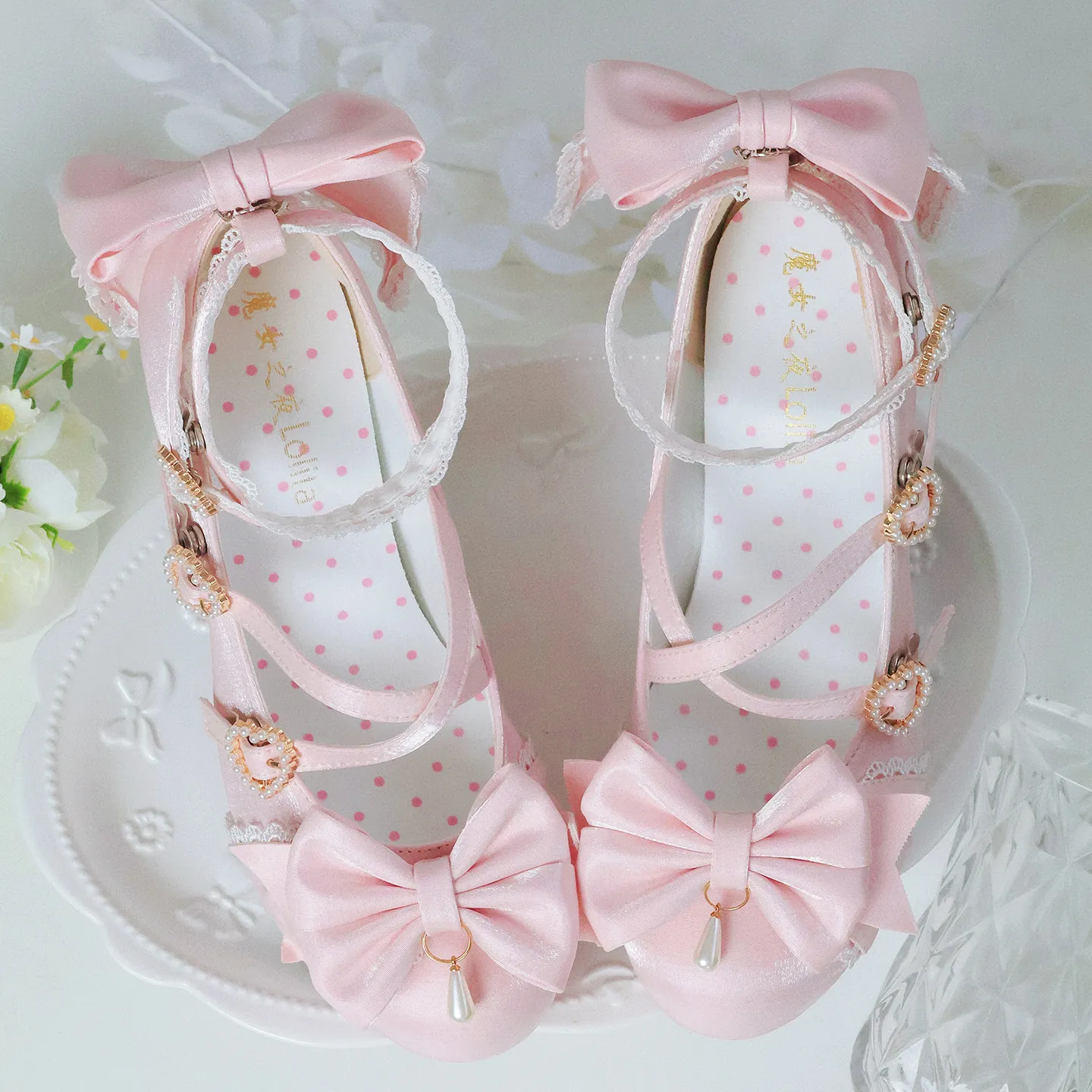 Witch Night Ribbon Sweetheart Lolita High Heels Women Satin Bow Lace Ankle Strap Pearls Round Toe Sweet Harajuku Party Shoes