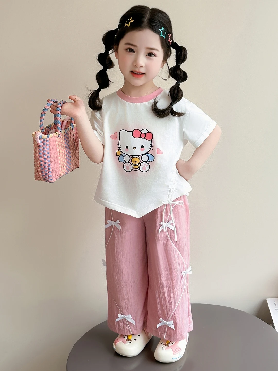 女の子用夏カジュアル半袖服、防蚊パンツ、ツーピースセット、軽量で快適、通気性のある子供服