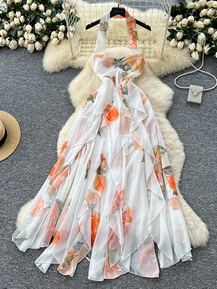 

Летнее платье на подтяжках с подвеской на шее, женское новое модное сексуальное платье с рюшами для пляжного отдыха во французском стиле S358