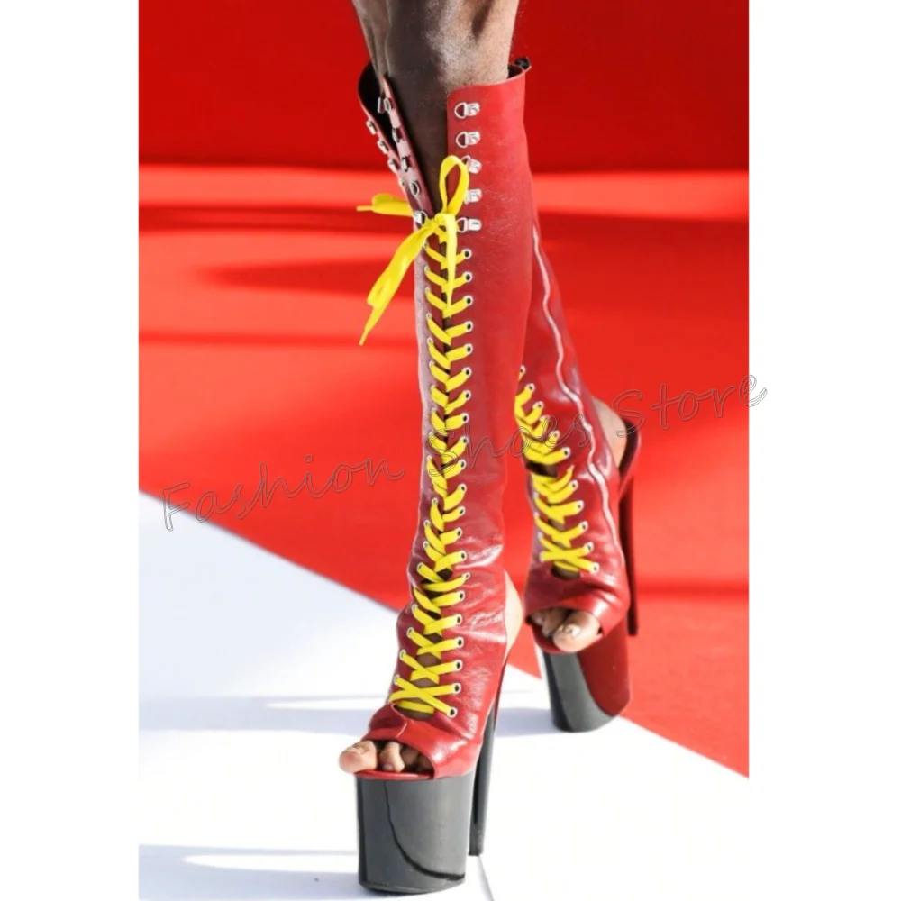 

Red Platform Lace up Open Toe Boots Matte Leather Women Shoes Stilettos High Heels Party Banquet Dating 2025 Zapatos Para Mujere