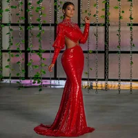 Vestidos de Noche brillantes para mujer, vestido de noche de lujo con cuello alto y mangas largas, con cuentas de sirena, Espalda descubierta, lentejuelas, Sexy, para fiesta