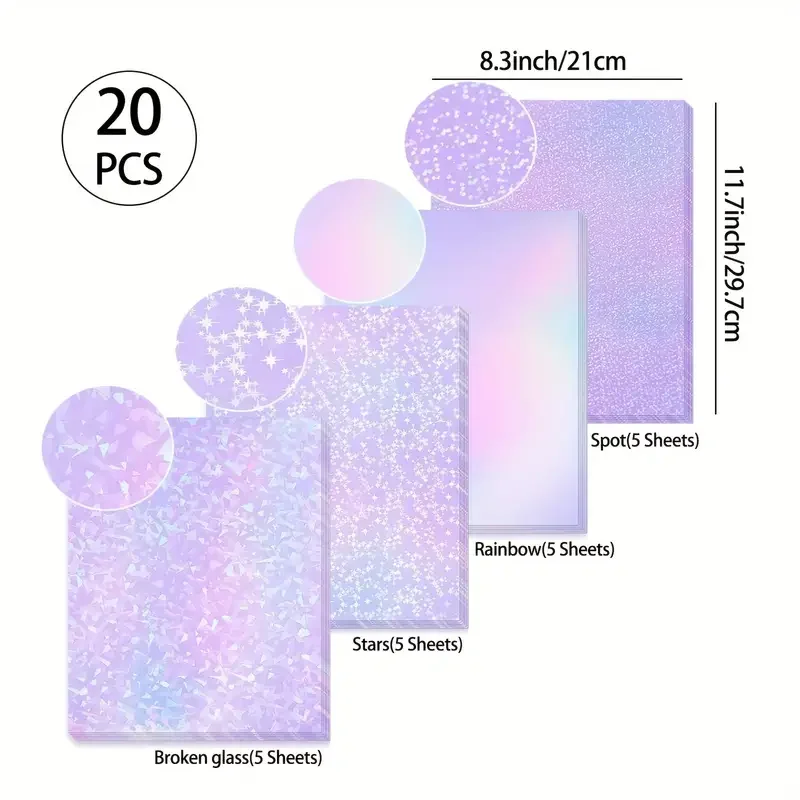 20 Sheets Holographic PVC Sticker Paper, A4 Mixed Patterns (Rainbow, Broken Glass, Stars, Dots), Self-Adhesive Cold Lamination