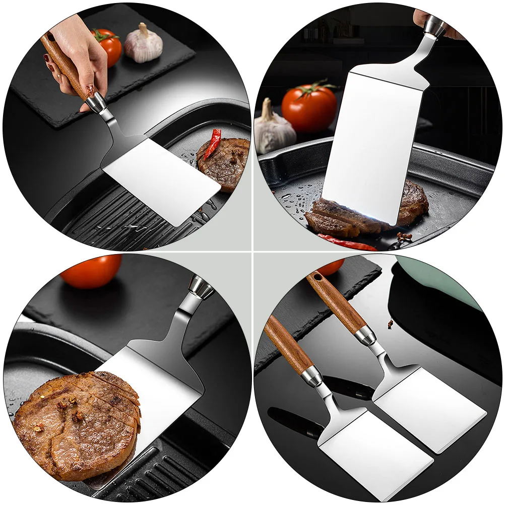 

2Pcs Steak Turner Iron Plate Stainless Steel Wood Handle Multipurpose Cooking Spatulas Grill Tools Steak Spatulas