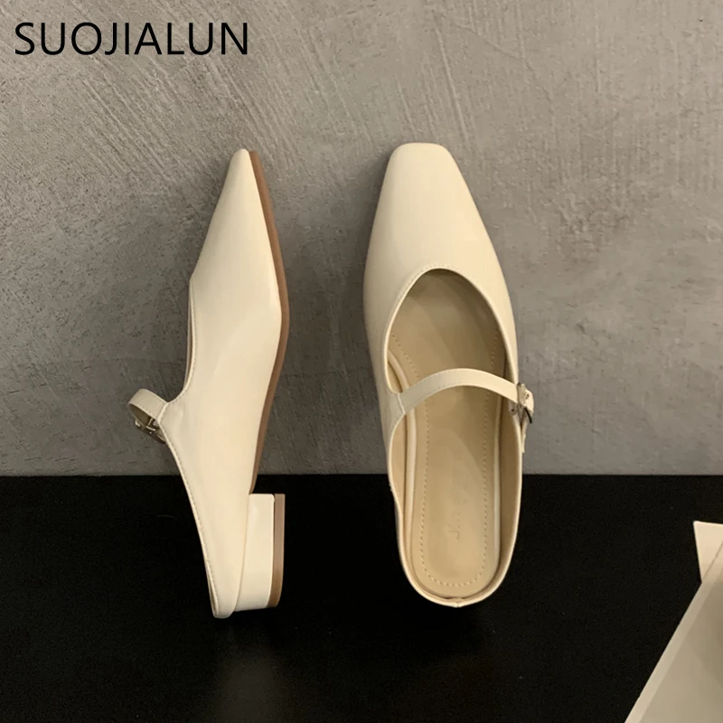 SUOJIALUN 2023 Summer New Women Slipper Fashion Shallow Slip On Ladies Mules Shoes Flat Heel Outdoor Casual Sandal Slides Shoes