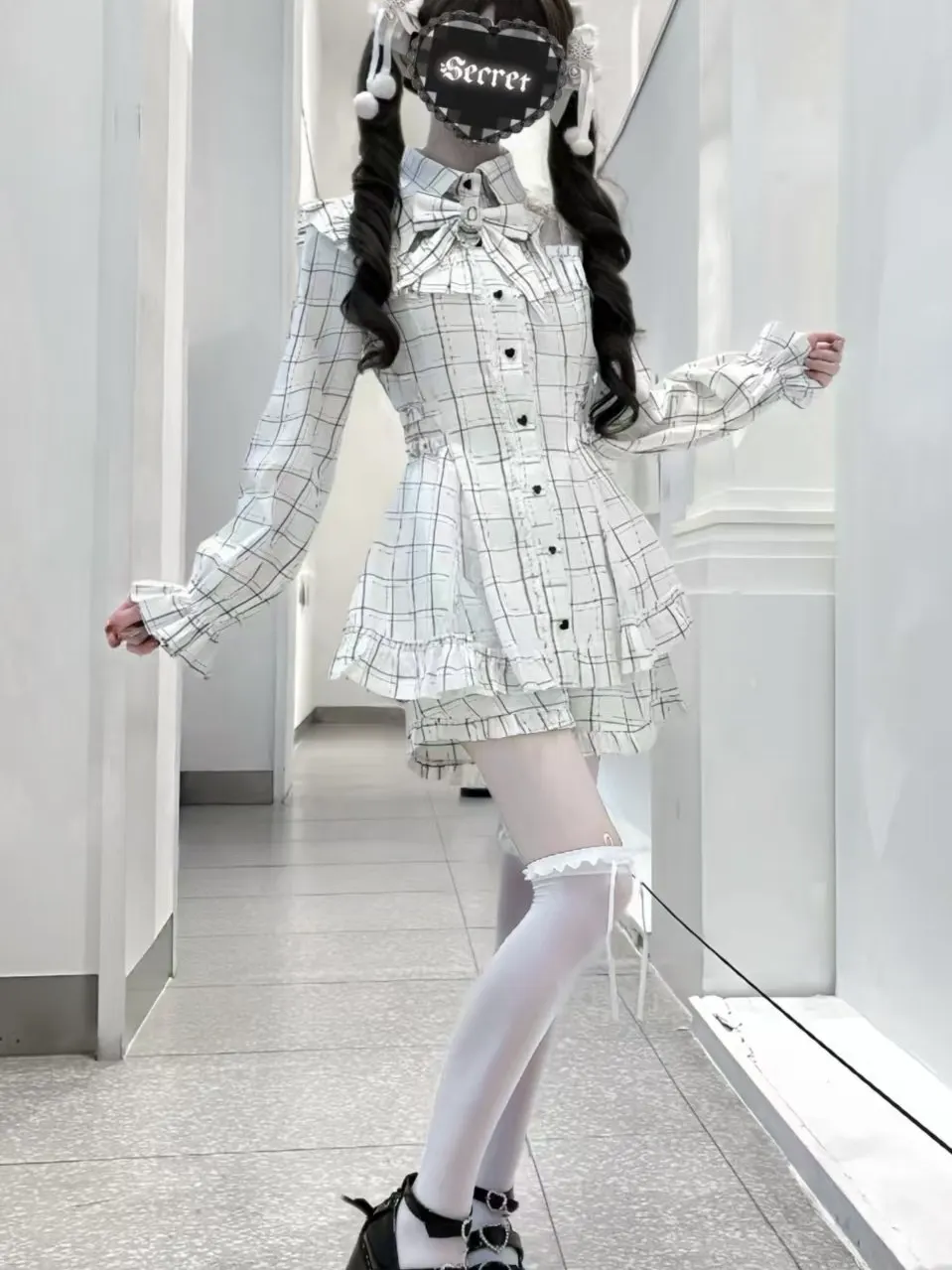 Sweet Wind Bow Lace Long Sleeve Dress Cute Y2K Pinstripe Blouse with Ruffle Hem Grey Kawaii Button-Up Two-Piece for Women