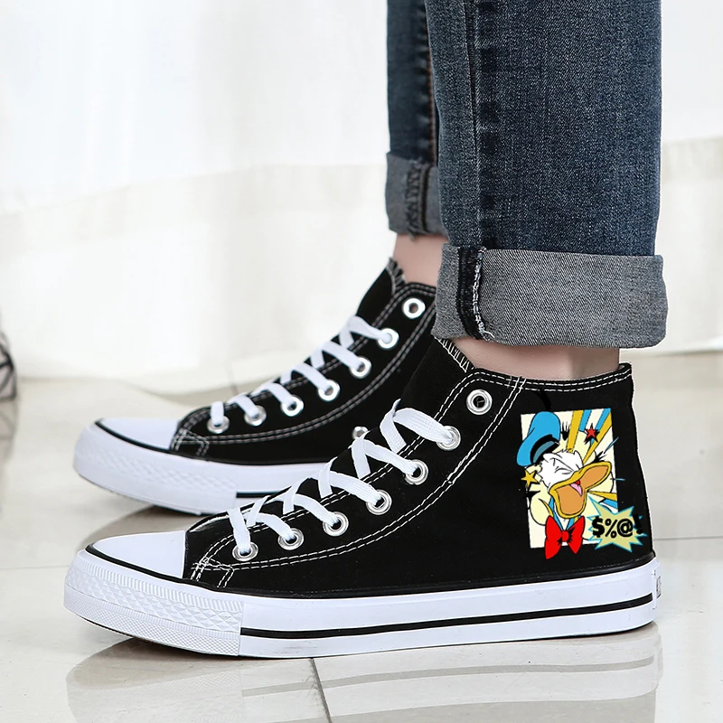 Zapatos de lona blancos y negros de Mickey Mouse de Disney para hombre y mujer, zapatos informales cómodos con estampado de dibujos animados para niños, Chaussures Femme Été