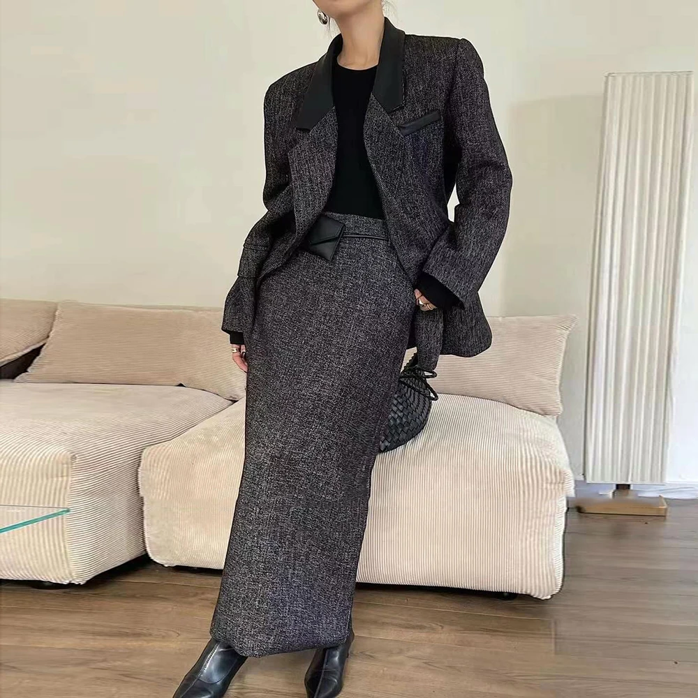 TWOTWINSTYLE Temperament Two Piece Sets For Women Notched Collar Long Sleeve Blazer High Waist Skirt Chic Set Female Fashion New