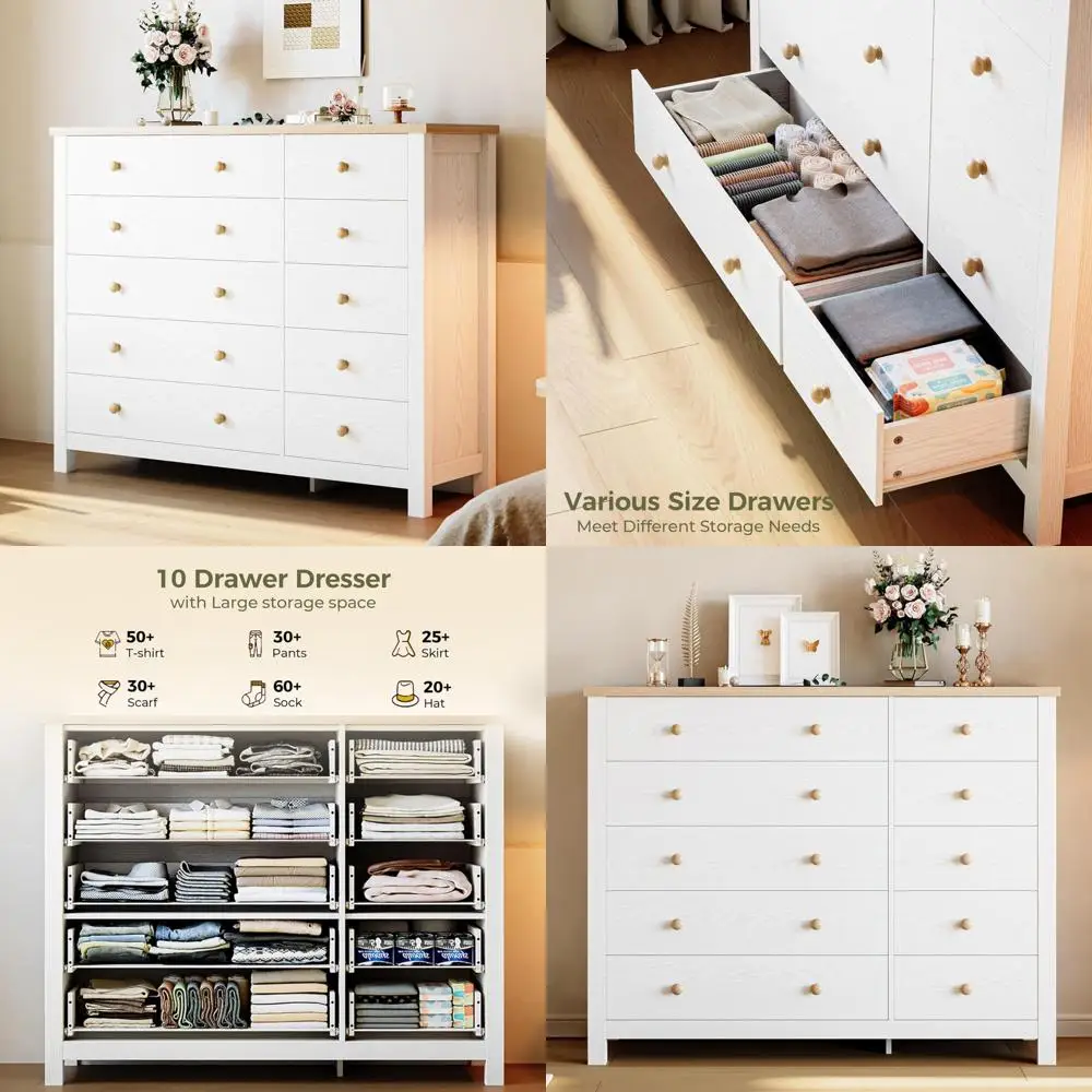 

10 Drawer Contemporary White Dresser with Solid Wood Knobs for Bedroom Storage