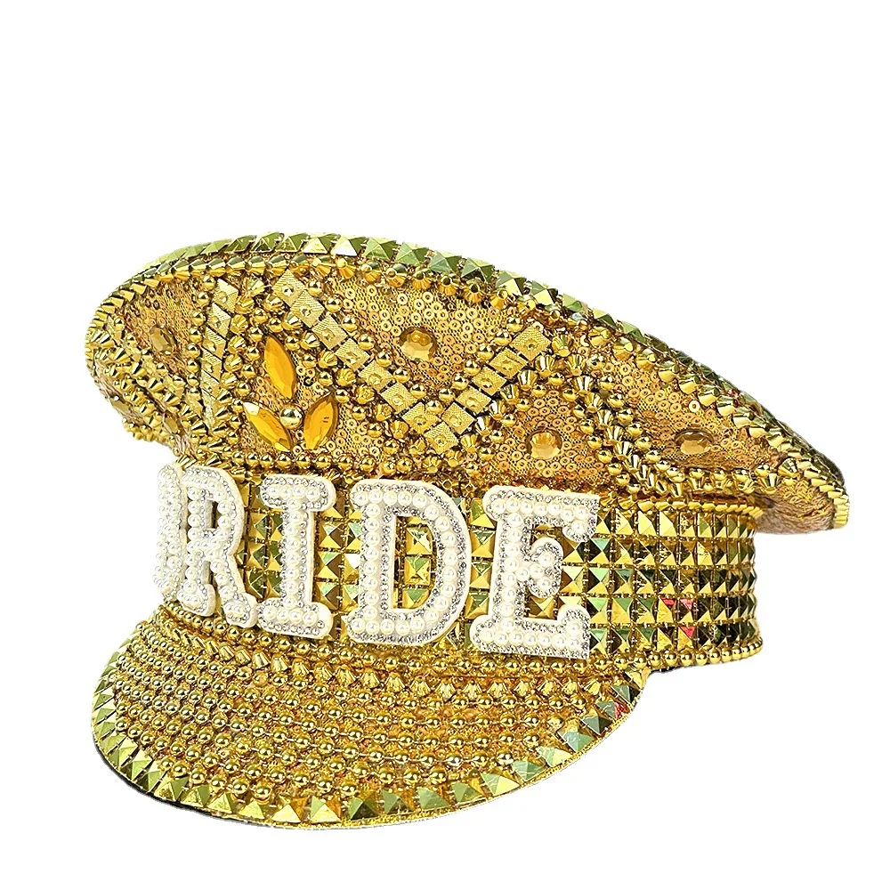 Women\'s Rhinestone Deluxe Rivet Gold Military Hat Handmade Deluxe Captain Sergeant Hat Rhinestone Bridal Wedding Hat gorras para