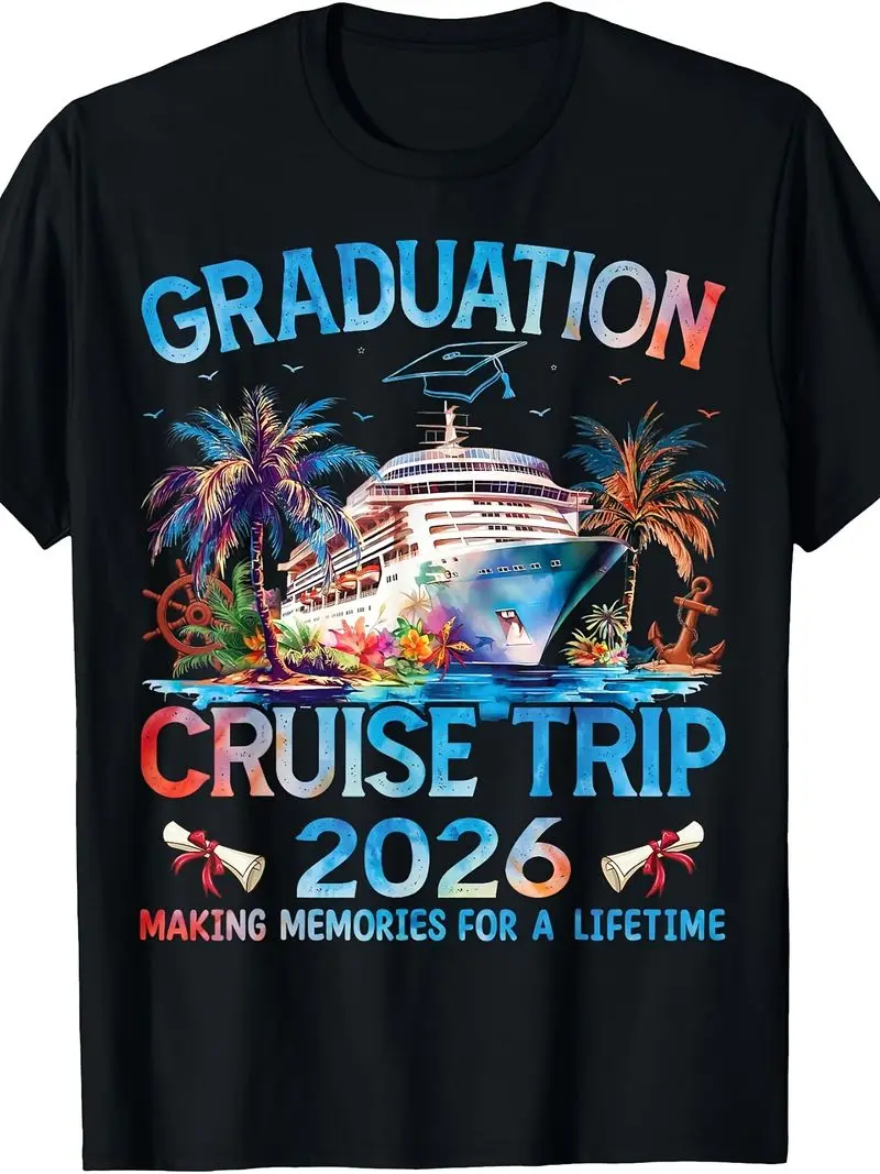Class Of 2026 Graduation Cruise Trip Senior Vacation Family T-Shirt Retro Casual Short Sleeve Round Neck Printed Tee Gift 2026