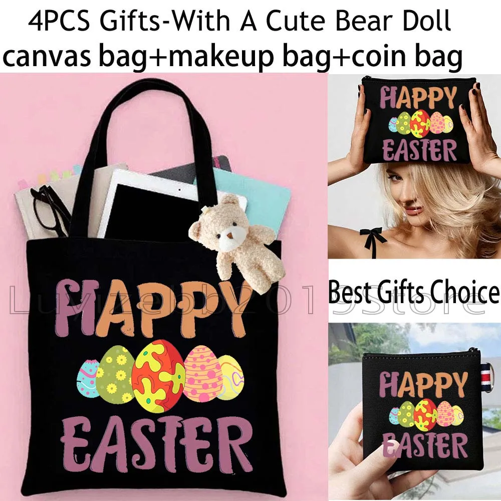 4PCS Gifts Cute Rabbit Bunny Eggs Happy Easter Day Canvas Tote Bag Cotton Handbag,Cosmetic Makeup Bag,Coin Purse Wallet Pouch