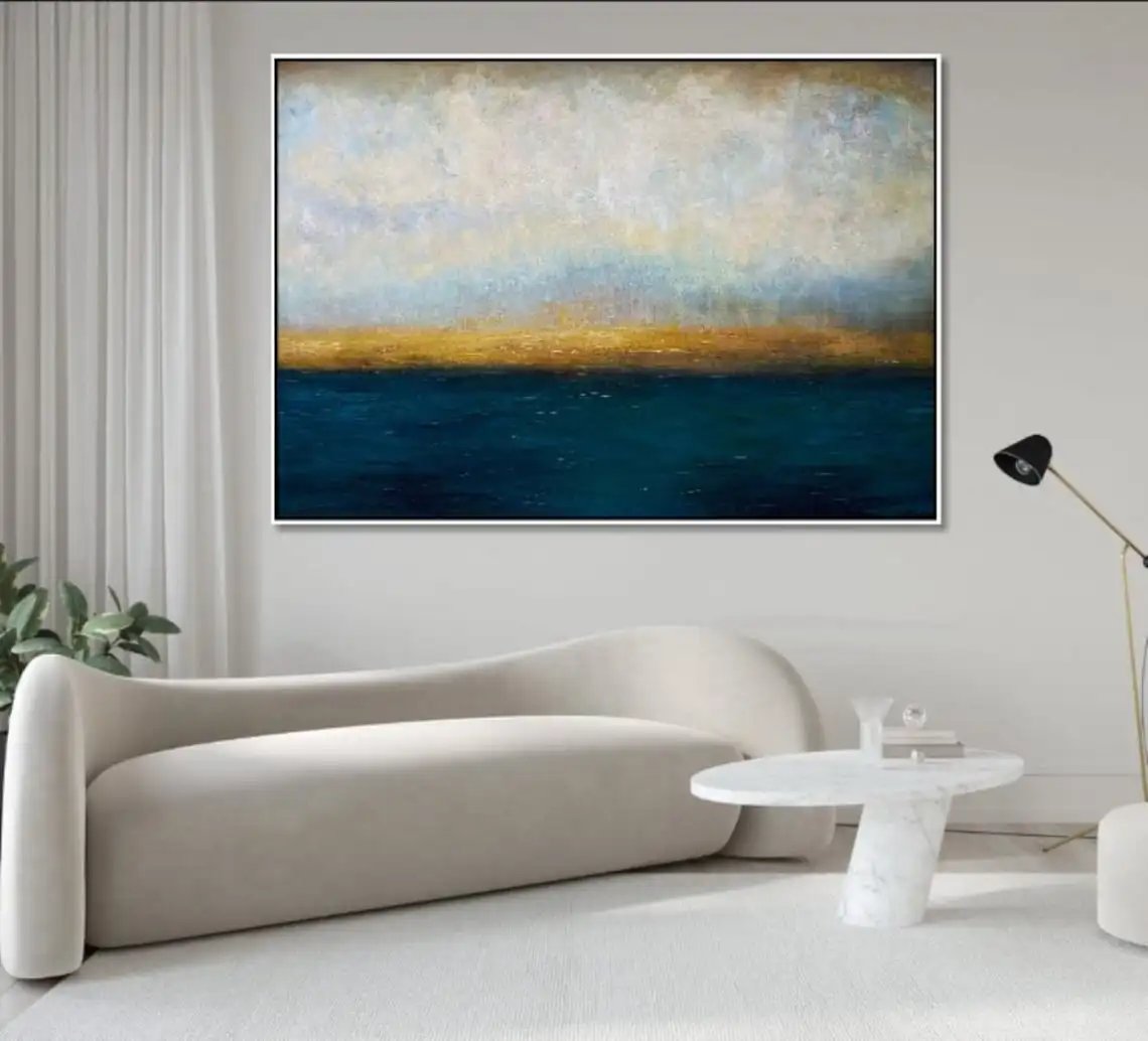

Landscape Sea Wall Art Golden Sunset Painting On Canvas Oil Painting Abstract Rainy City Painting Colorful Creative Modern Decor