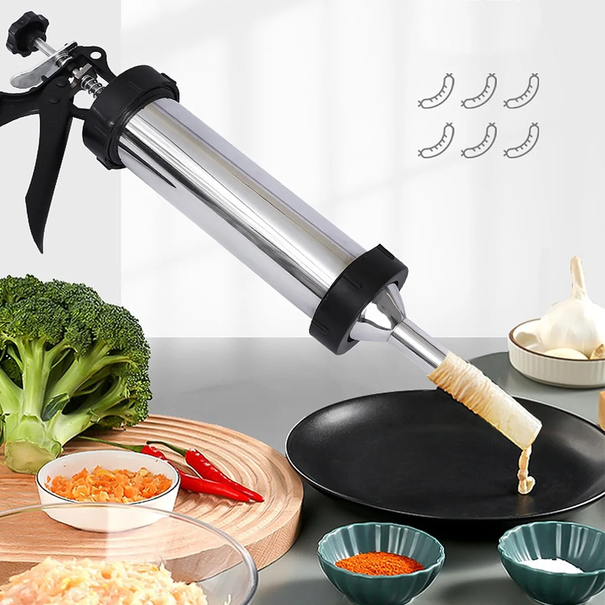 Jerky Gun Kit Sausage Stuffer Stainless Steel Large Capacity Meat Maker 5 Nozzles Kitchen BBQ Homemade Food Processing Tool