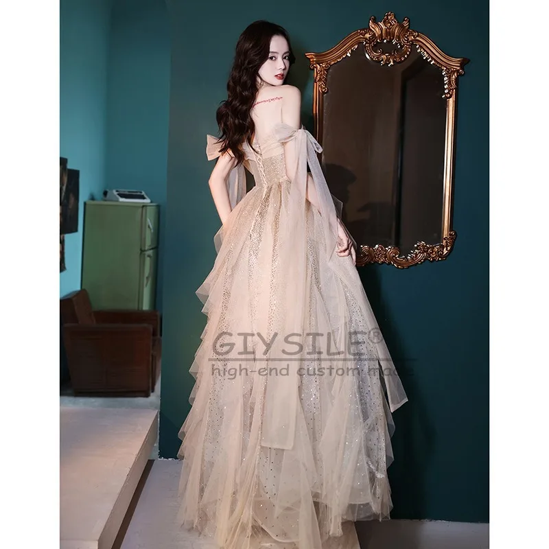 GIYSILE Customized Evening Dress Tube Top Bow Fashion Strap Back Pleated Skirt Banquet Temperament Long Champagne Party Dresses