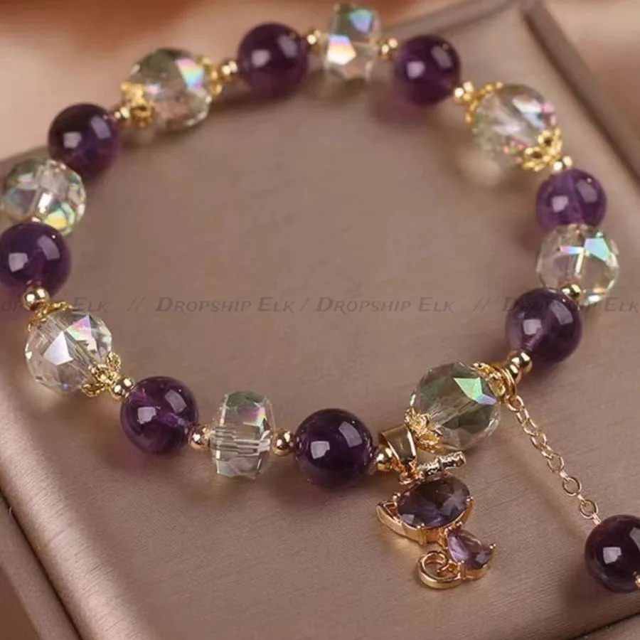 Natural Elegant Amethyst Bracelet Female Luxury Retro Four Leaf Grass Pendant Handstring Bracelet Sisters Chain Jewelry