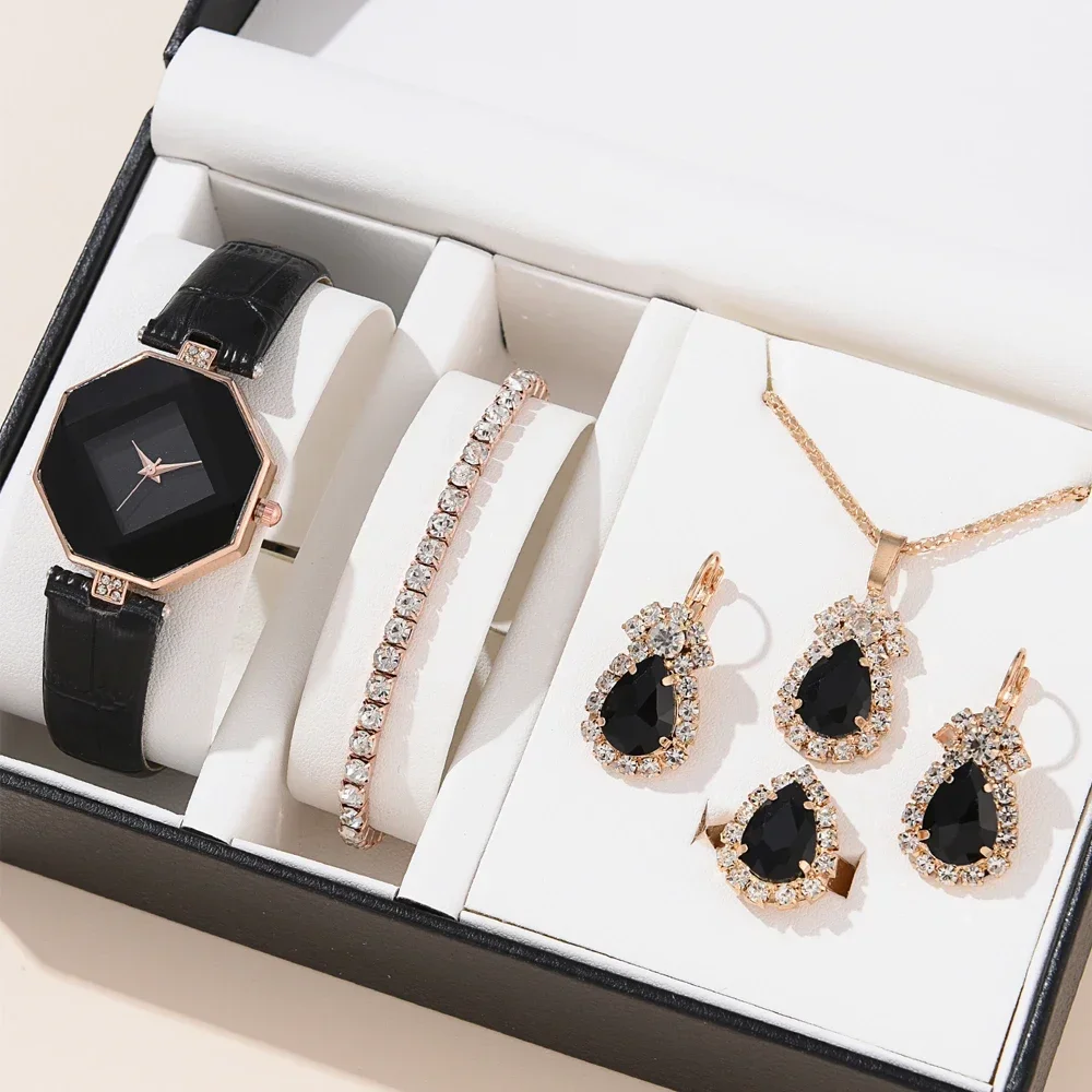

5pcs Set Fashion Women Watches Luxury Ladies Wristwatch Necklace Female Ring Earring Gift Leather Quartz Watch reloj mujer