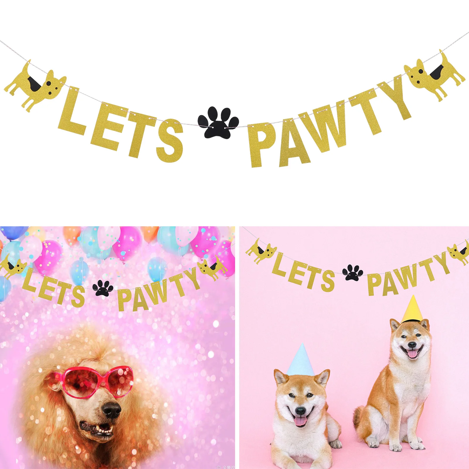 Garland Pet Theme Pull Flower Party Bannner LETS PAWTY Banner Wreath Bunting Supplies Golden Decorations Themed