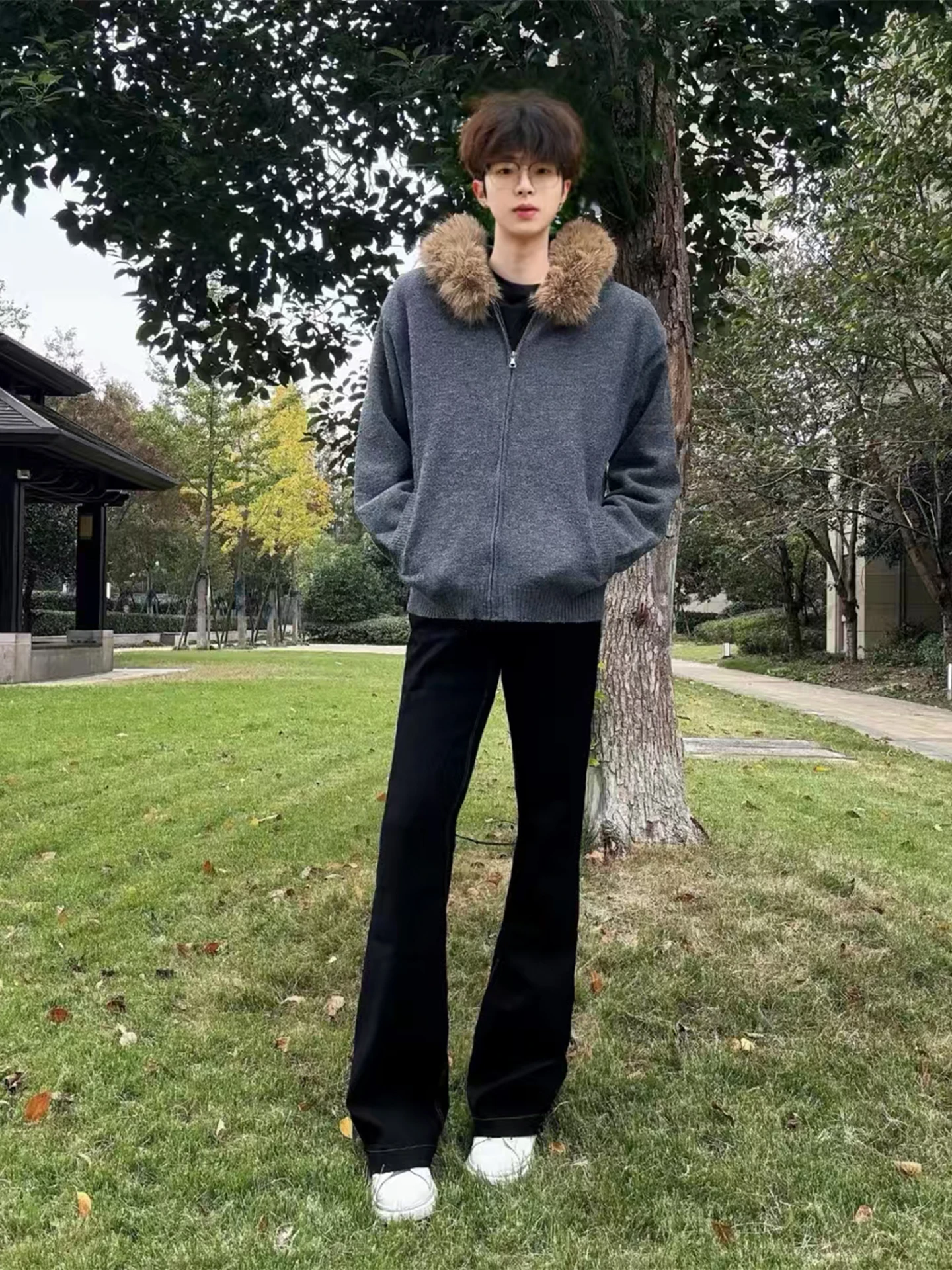 

Мужская свободная трикотажная толстовка с капюшоном и меховым воротником, повседневная куртка на молнии, удобная, в стиле кэжуал, осенне-зимняя верхняя одежда