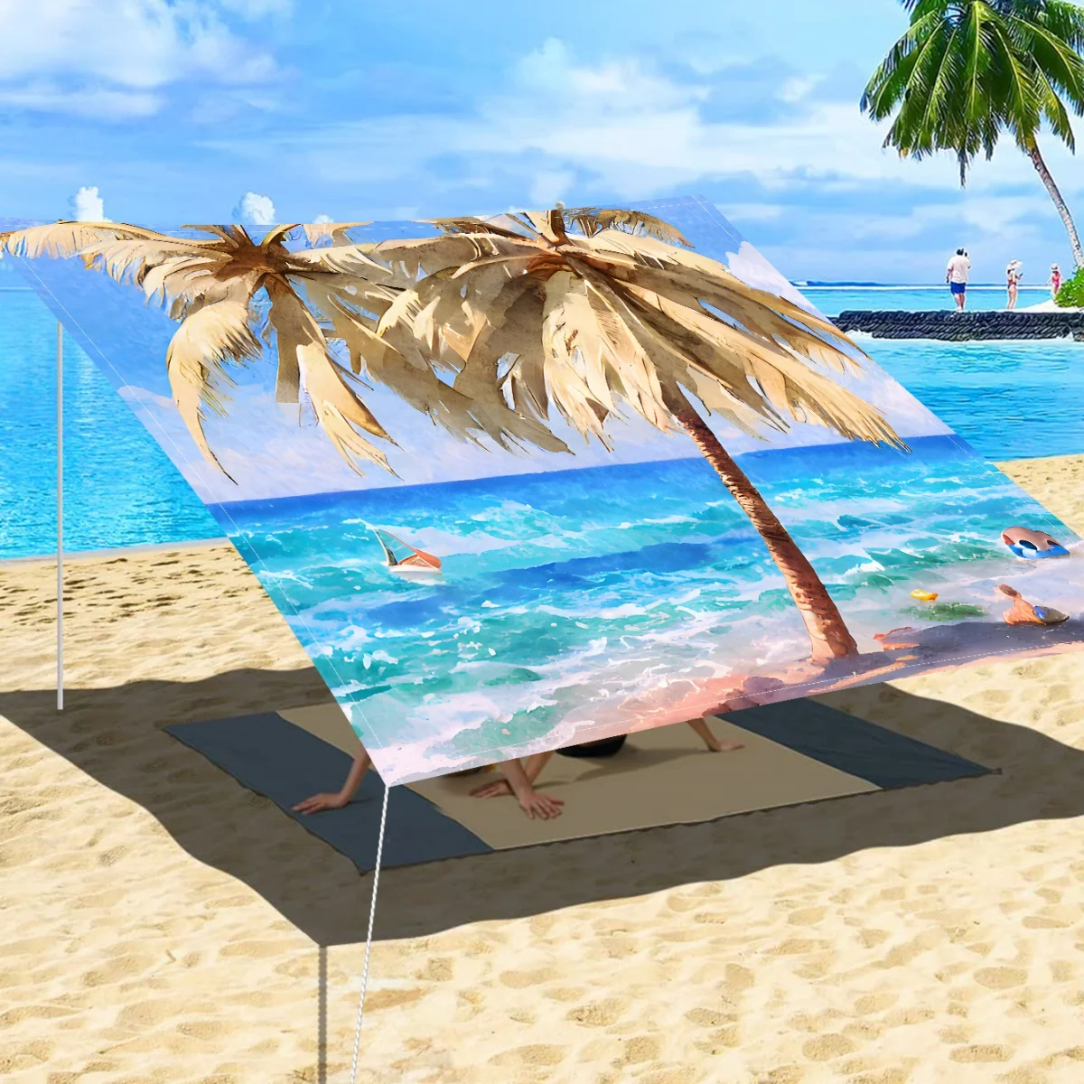 

1 шт. уличный утолщенный водонепроницаемый тент-навес с дизайном в стиле масляной живописи «Океанский берег», для сада, патио, пляжа, с бесплатной веревкой (подставка в комплект не входит)