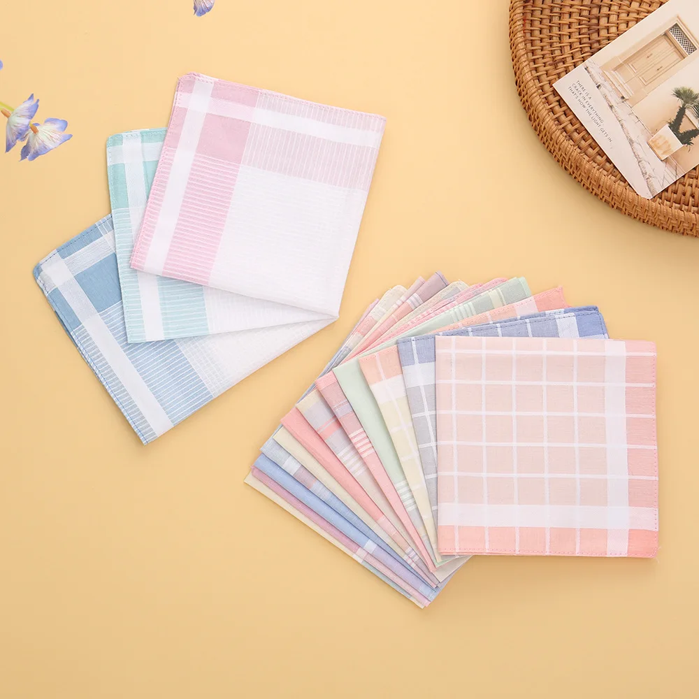 12pcs Women Cotton Handkerchief Vintage Contrast Plaid Soft Thin Square Hanky Portable Sweat Wiping Ladies Daily Pocket Cloth
