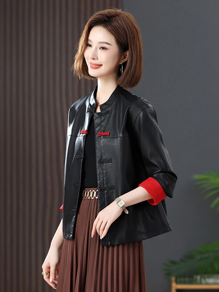  Ning Genuine Leather Jaet Women's ort Sle 2025 Spring Autumn New Chinese Sle National Sle Button Slimming Lea...