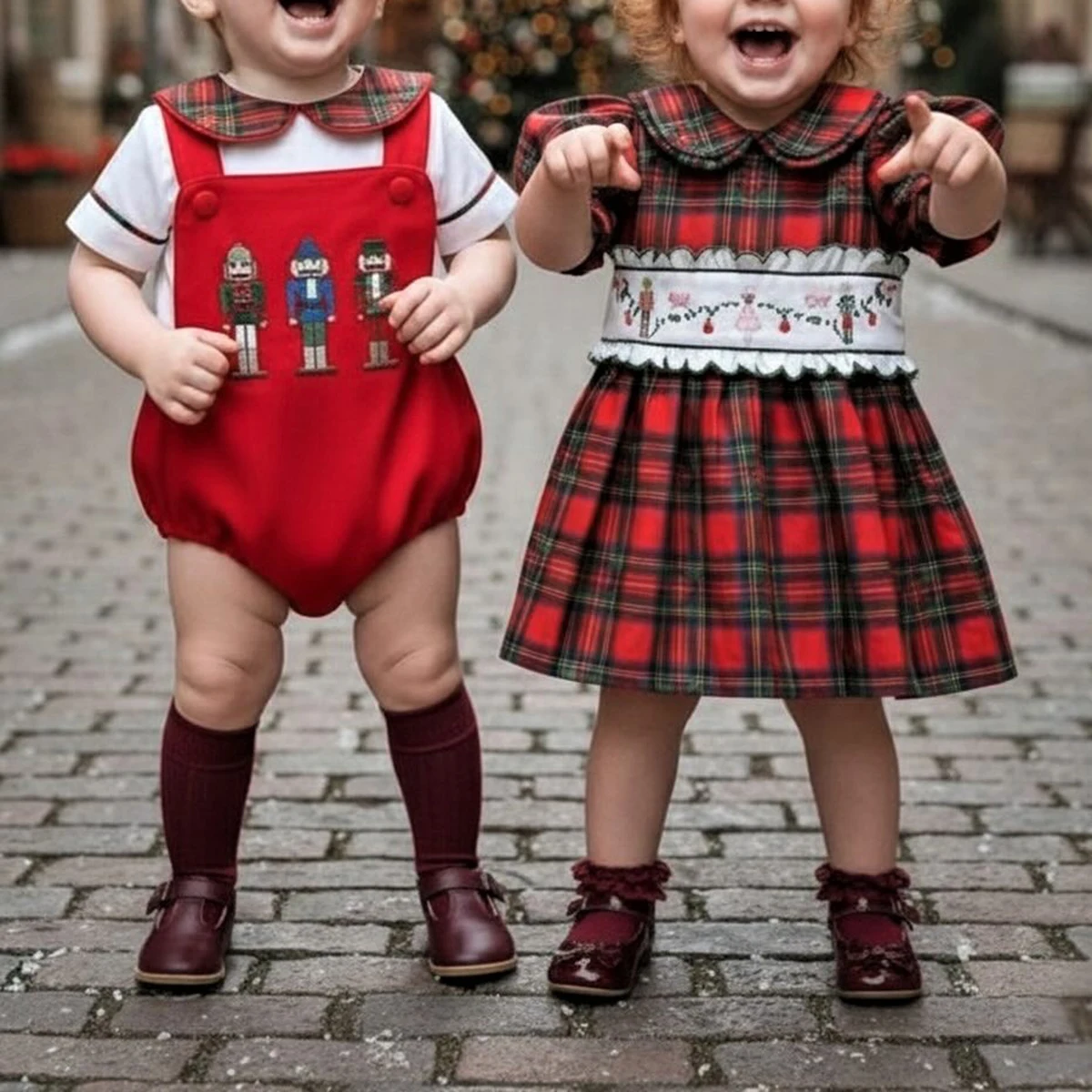 Summer Red Green Tartan Plaid Sibling Outfit Baby Girl Dress Bow Boy Set For Birthday Party Holiday Christmas B712