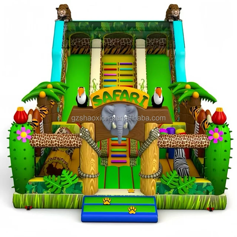 Commercial Large Safari Animal Theme Inflatable Double Slide for Kids Toddlers Inflatable Bounce House with Obstacle Slide Combo