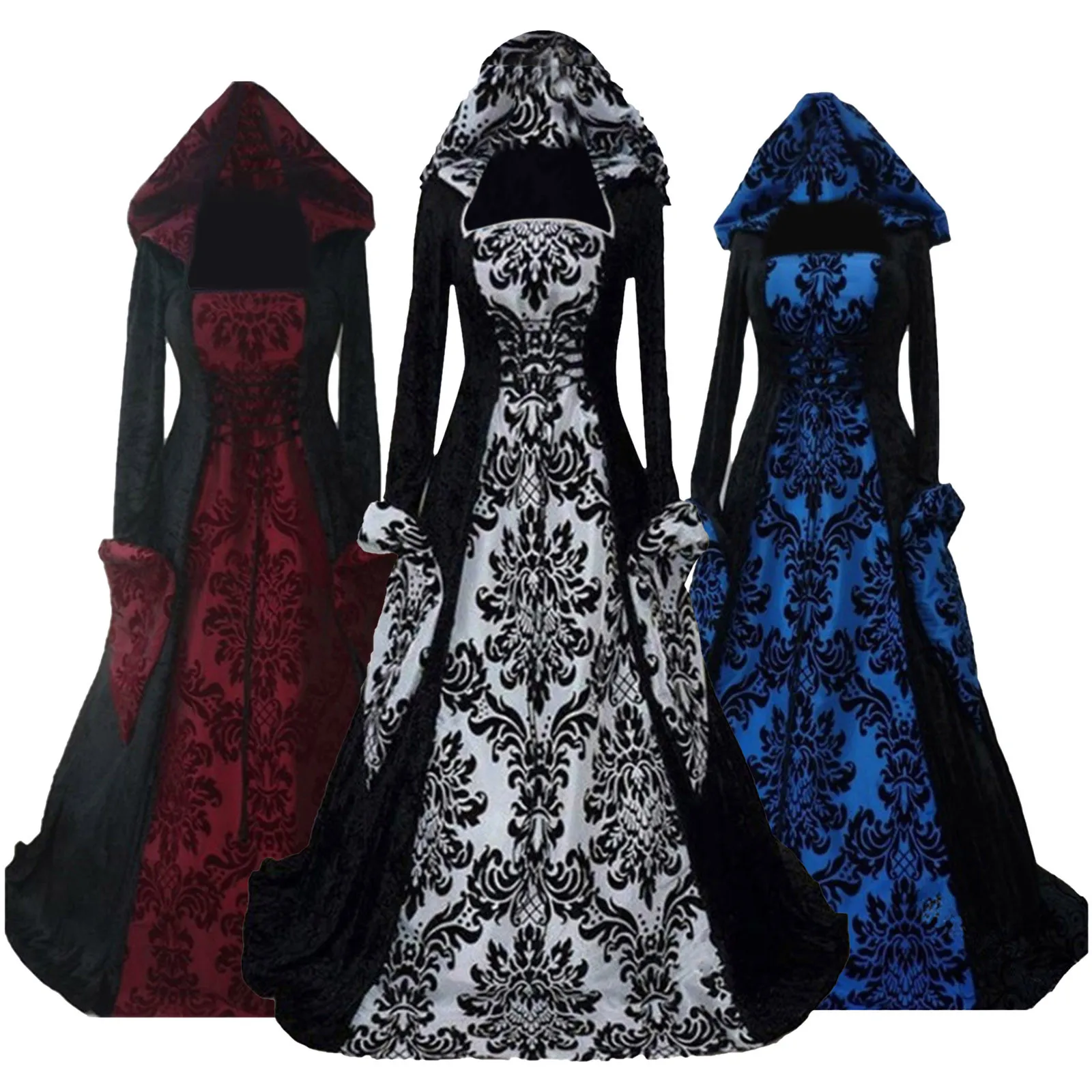 Disfraz de bruja vampiro para Cosplay, vestido victoriano renacentista de manga larga con capucha, vestido Maxi de retazos, bata de vendaje Retro Medieval