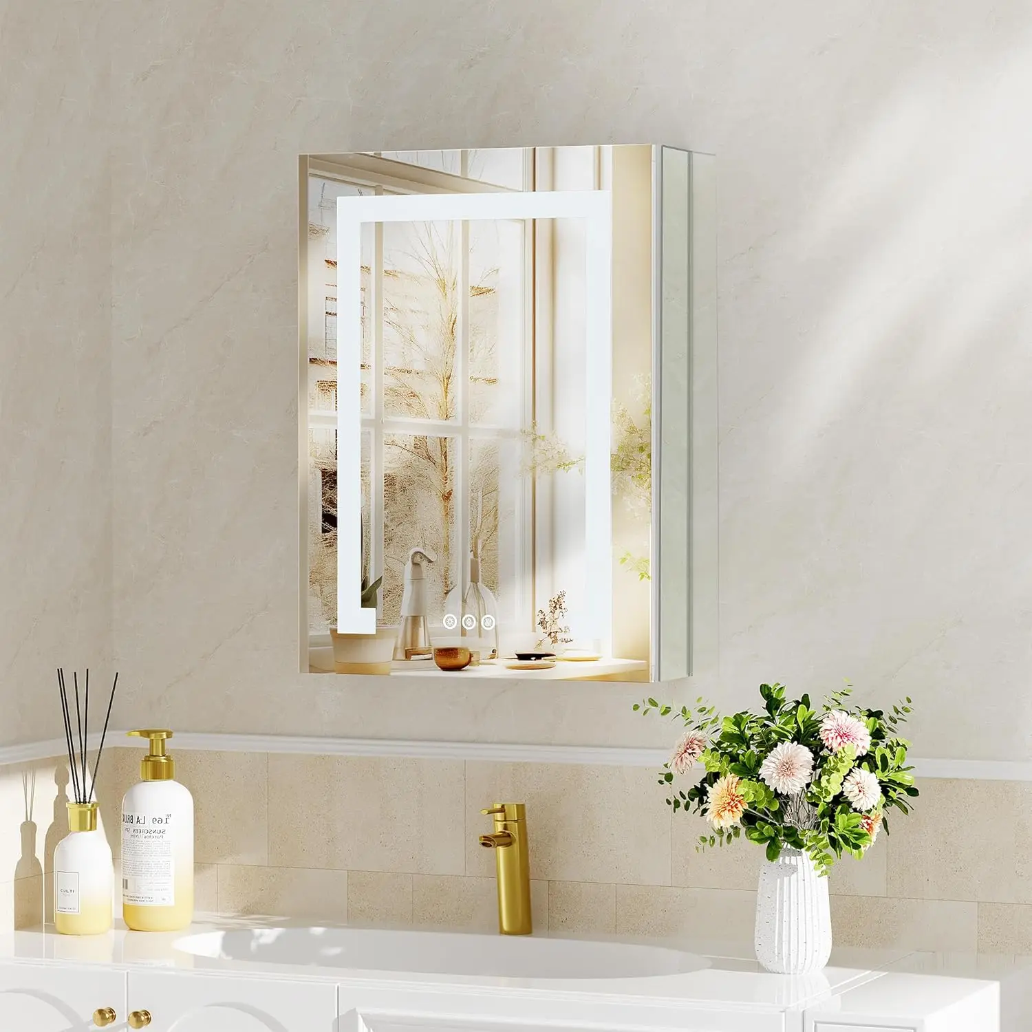 Armoire à médicaments éclairée par LED avec miroir, armoire à miroir HOMirror, prise lumineuse, encastré ou mural USB, 16 po x 24 po