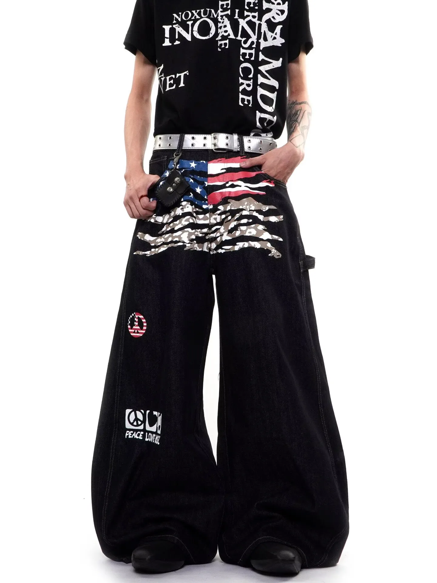 Black Gothic American Flag Letter Print trousers fashionable street men pants letter retro Harajuku men and women pants