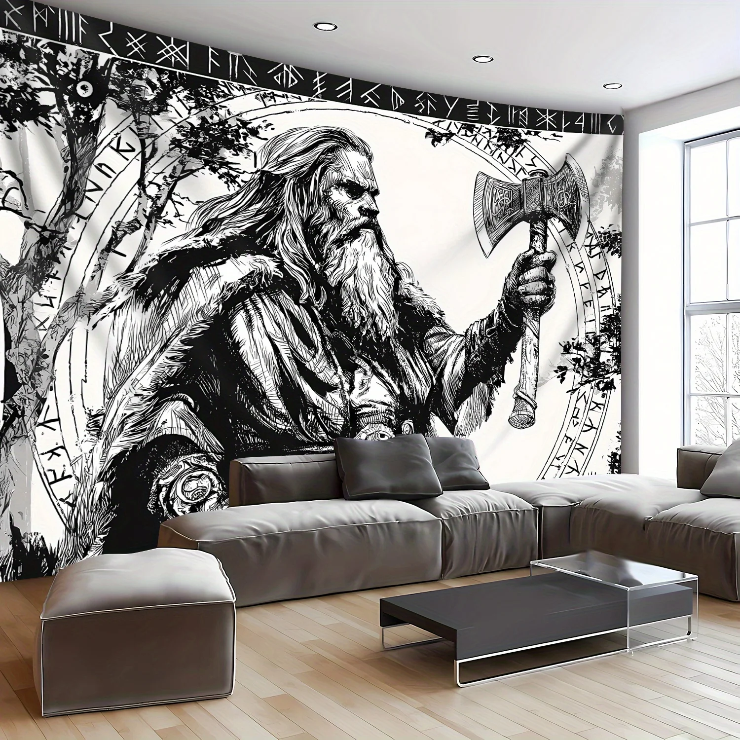 Extra Large Viking Warrior Tapestry, Norse Battle Scene with Rune Symbols and Axe Design,  for Man Cave Living Room Decor