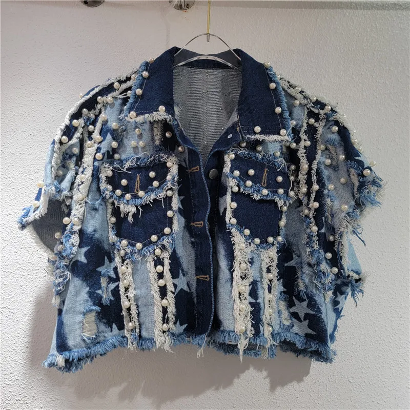 Retro Raw Edge Denim Short Jacket for Women Pearl Star Print Short Sleeve Lapel Loose Jeans Coat with Pockets Crop Coat Clothing