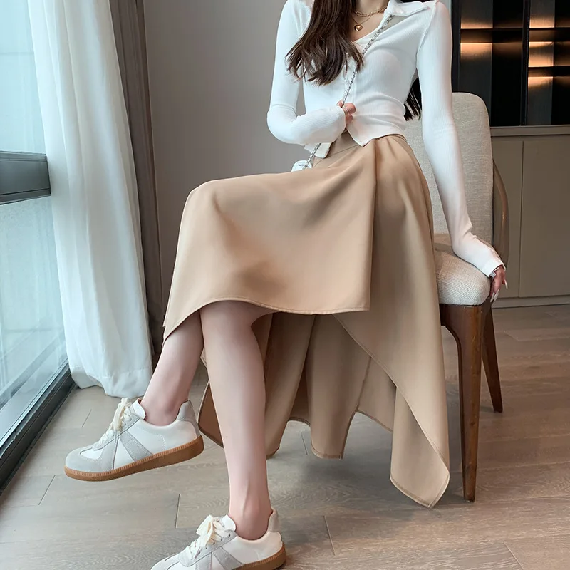 Moda Gonne irregolari nere Donna Autunno Inverno Coreano Gonne larghe a vita alta per donna Gonna a metà polpaccio con cerniera femminile