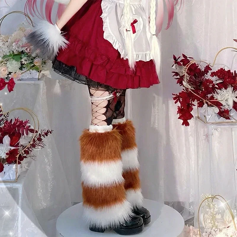 Women Faux Fur Leg Warmer for Boot Ladies Thick Fluffy Contrast Color Stripe Pattern Warmer Boot Cuff Stockings for Winter New