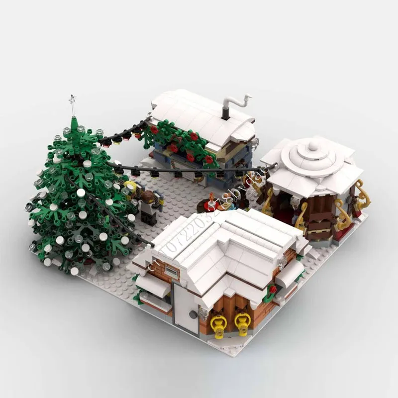 1302 Stuks Winterdorp Kerstmarkt Moc Creatieve Straatbeeld Model Bouwstenen Architectuur Diy Assemblage Model Speelgoed Cadeau