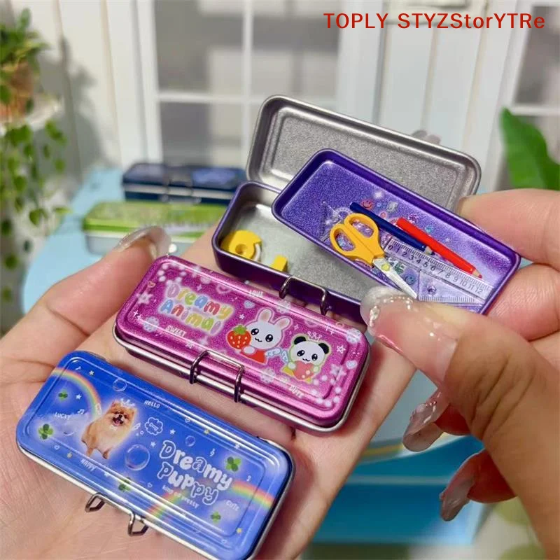 Miniature Landscape Decor Set: Iron Pencil Box Model, Double Layer, with Pen & Ruler, Scissors & Tape Pretend Play Toy