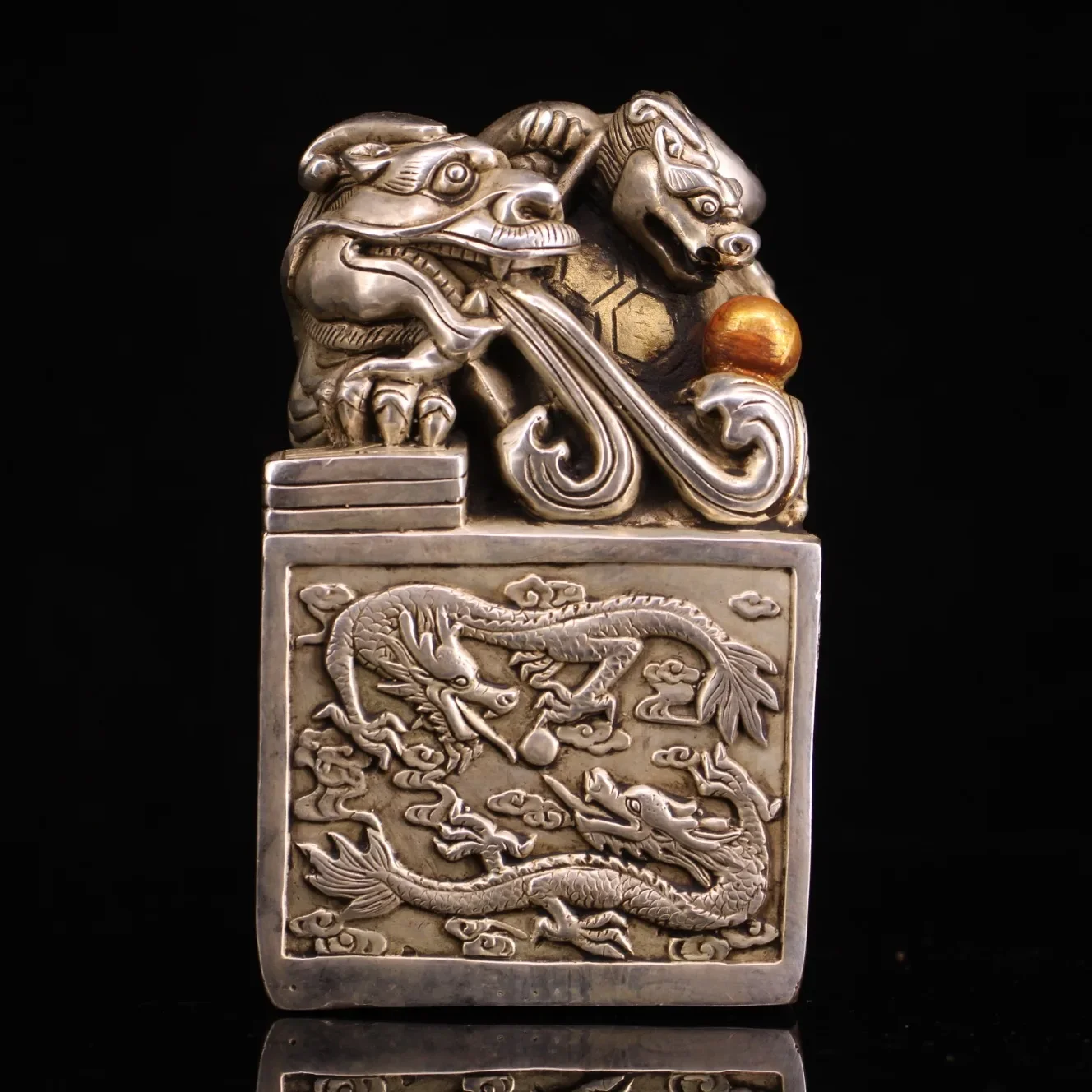 Collect China Dynasty White Copper Silver Dragon Turtle Seal Stamp Signet Statue
