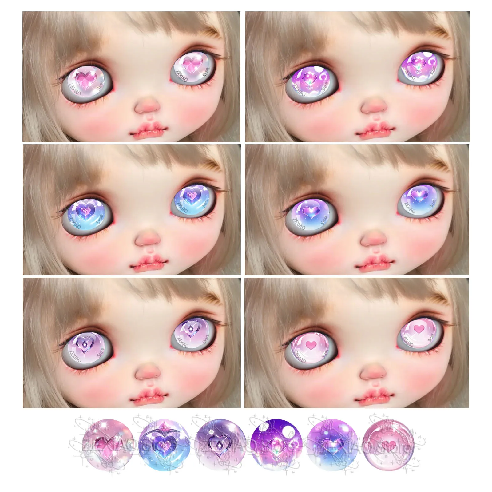 6Pairs Heart Shaped Shining Colorful Cartoon Anime Glass Eye Pupil Chip Blythe Doll Drop Glue Eyes DIY Accessories 10‑40mm MS007