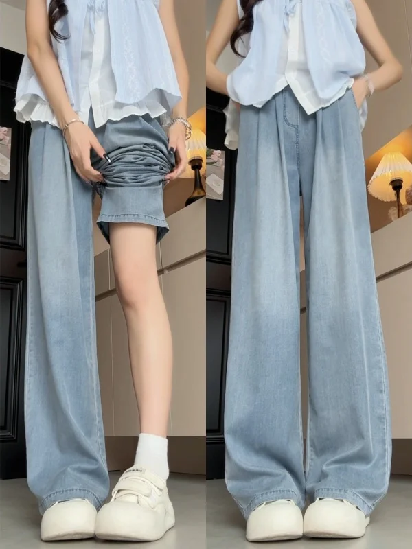 

Широкие брюки из ледяного шелка с высокой талией, прямого кроя, свободные, маленькие размеры, женские джинсы, осенние, тонкие, новые