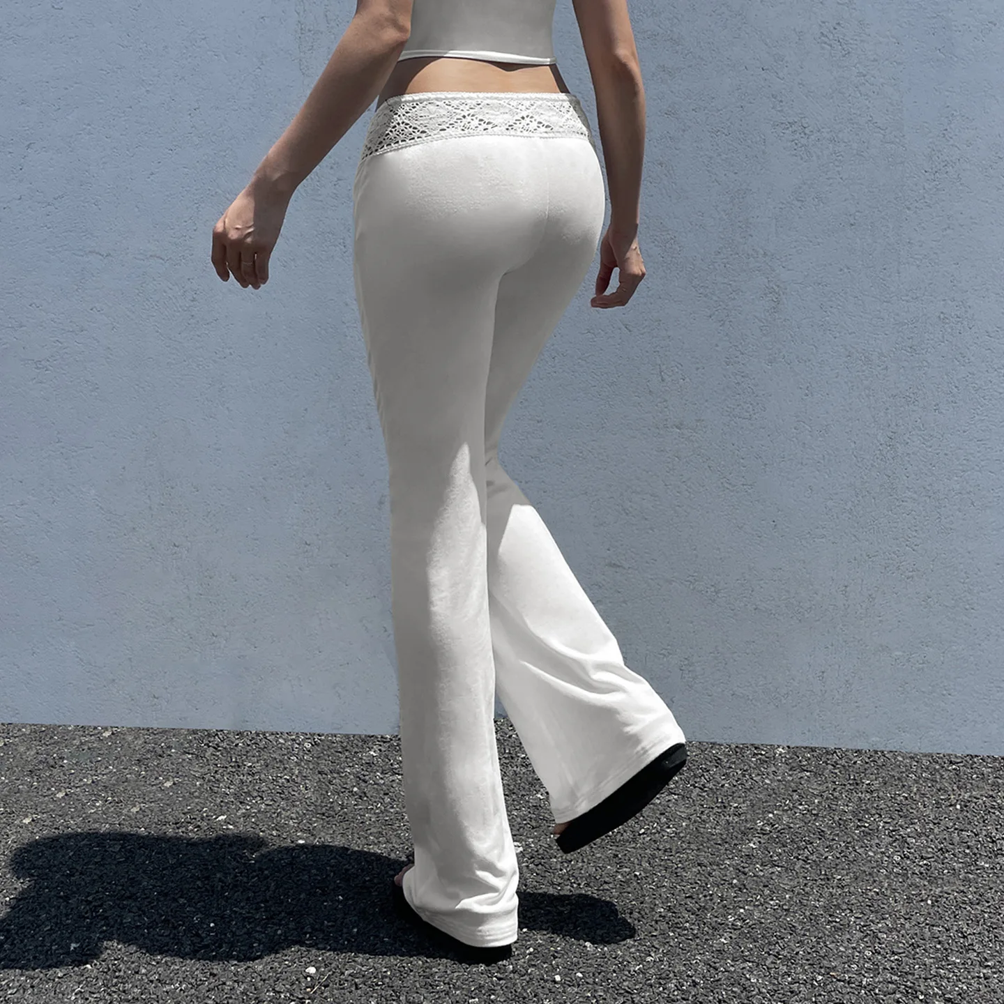 Pantalones informales de punto con campana para mujer, retales de encaje, cordón, cintura elástica, cintura baja, Faion, temporada de otoño, hecho en China