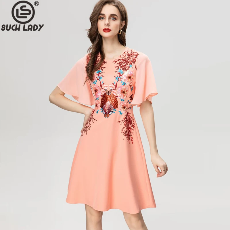 

Women's Runway Dresses O Neck Short Sleeves Sequined Floral Embroidery Elegant Fashion High Street Vestidos